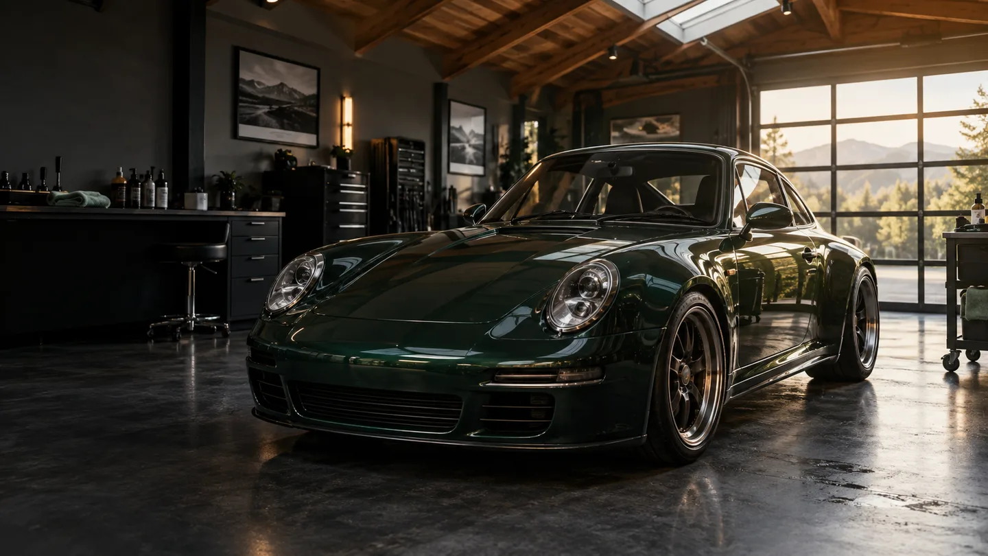 A freshly detailed green coupe in a sunlit detailing studio