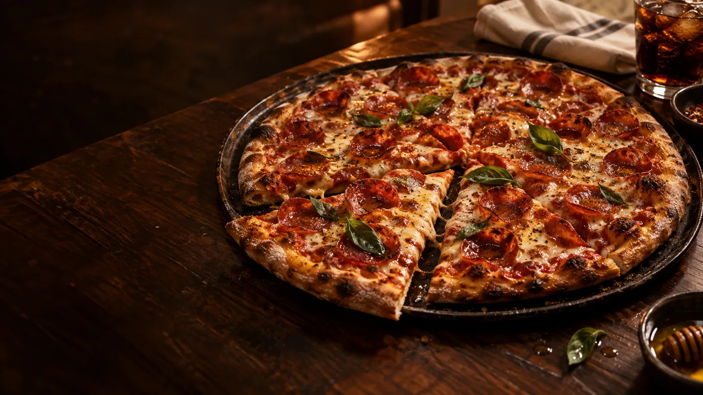 A pepperoni pizza with bubbling cheese and a crisp golden crust