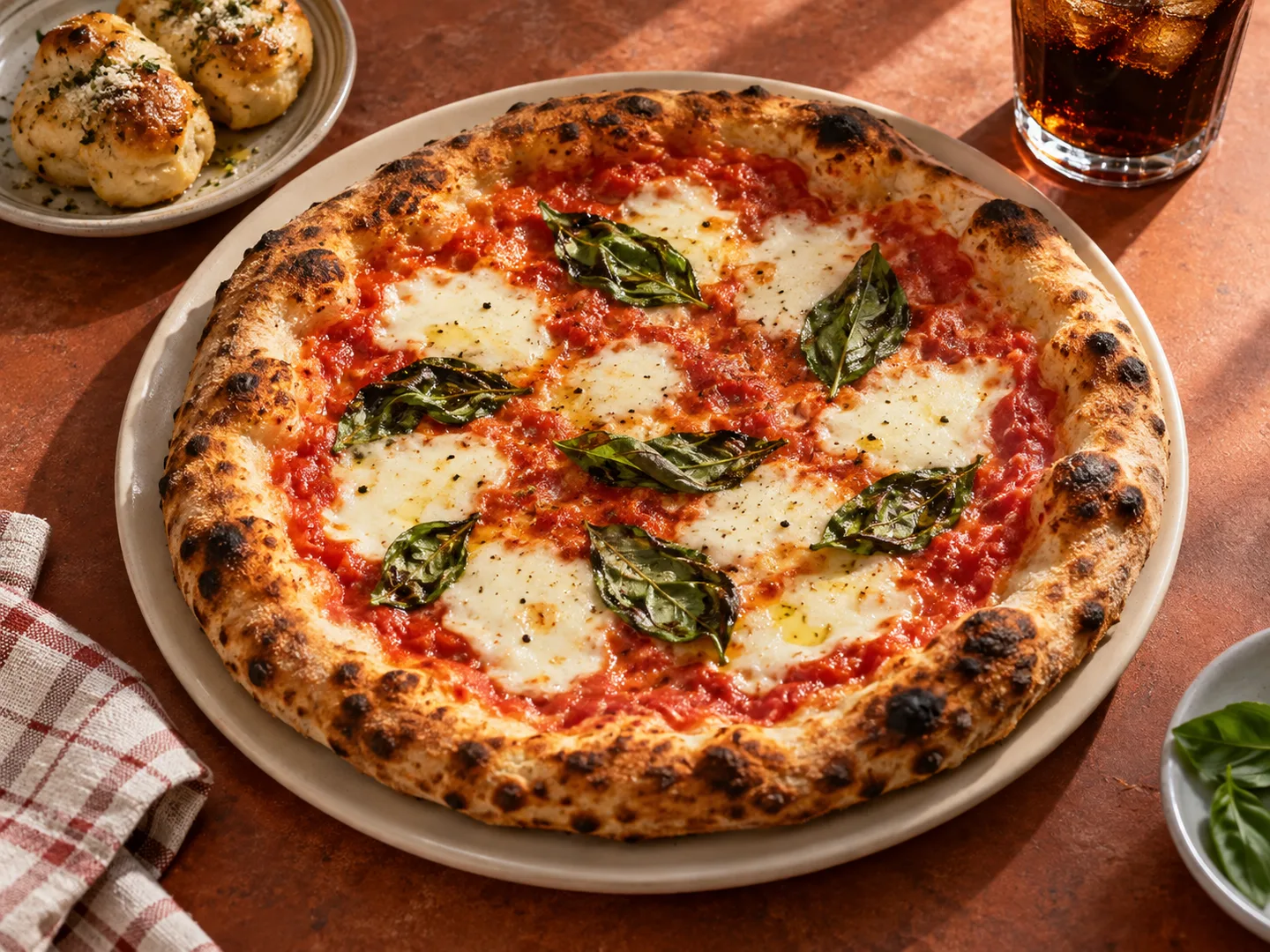 A basil and mozzarella pizza with garlic knots and soda